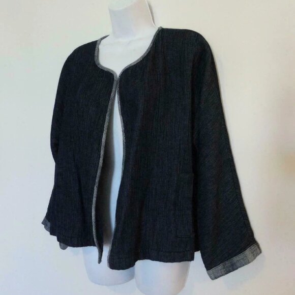 NWT EILEEN FISHER Denim Cotton Indigo Doubleweave Open Round Neck Jacket Medium - Picture 2 of 7